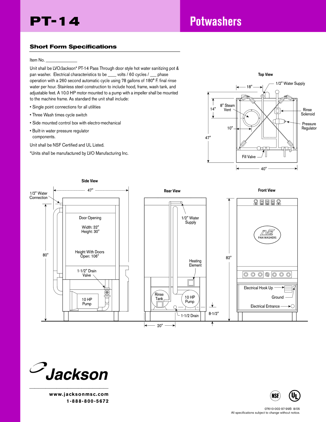 Jackson dimensions PT-14Potwashers, Short Form Specifications 