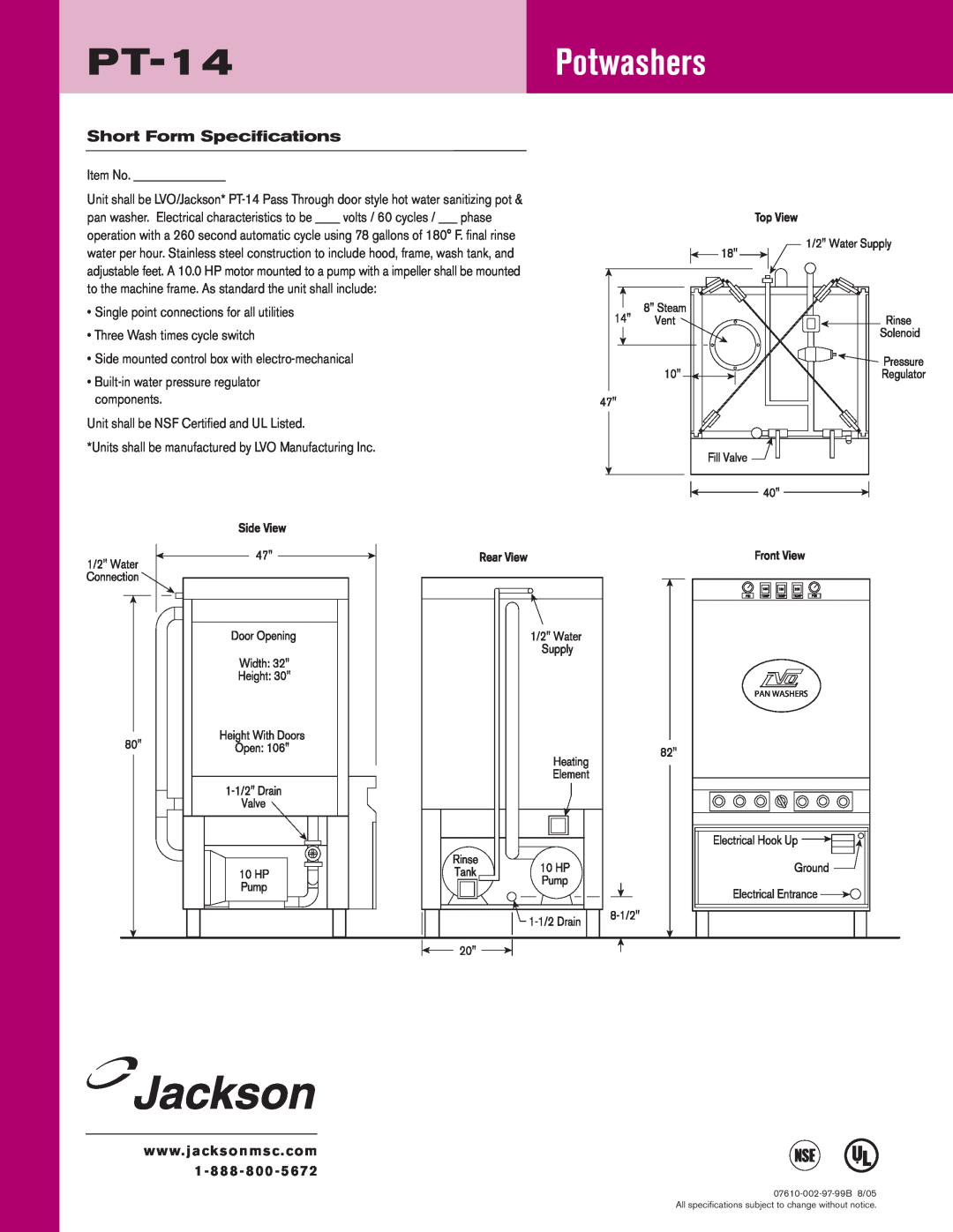 Jackson dimensions Short Form Specifications, PT-14Potwashers 