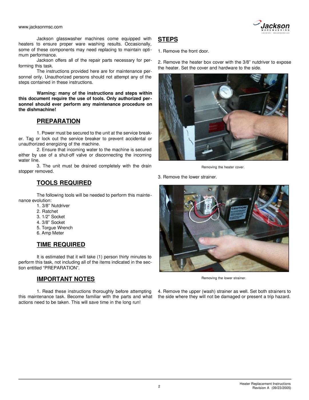 Jackson Heater Replacement, R24, R30 manual Preparation, Tools Required, Time Required, Important Notes Steps 