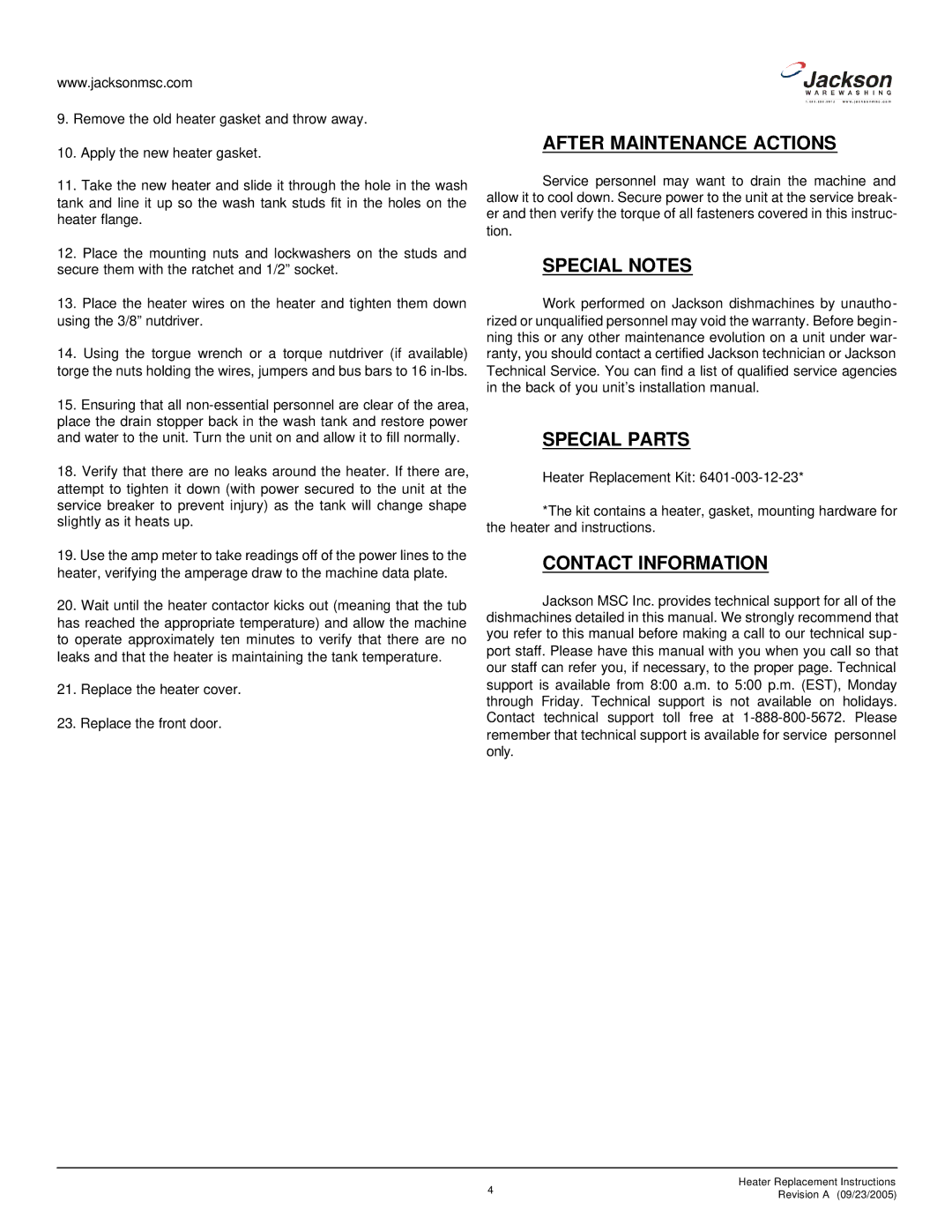 Jackson R30, R24, Heater Replacement manual After Maintenance Actions, Special Notes, Special Parts, Contact Information 