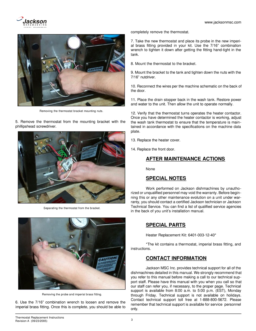 Jackson R30, R24 manual After Maintenance Actions, Special Notes, Special Parts, Contact Information 