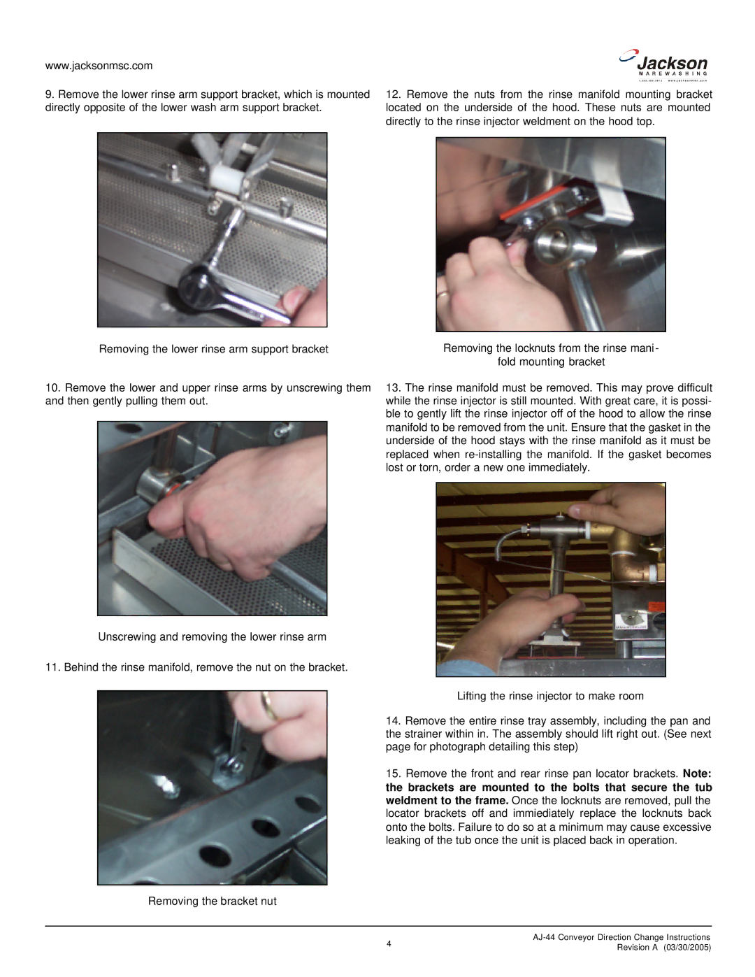 Jackson Rack Conveyor Dishmachine manual AJ-44 Conveyor Direction Change Instructions 