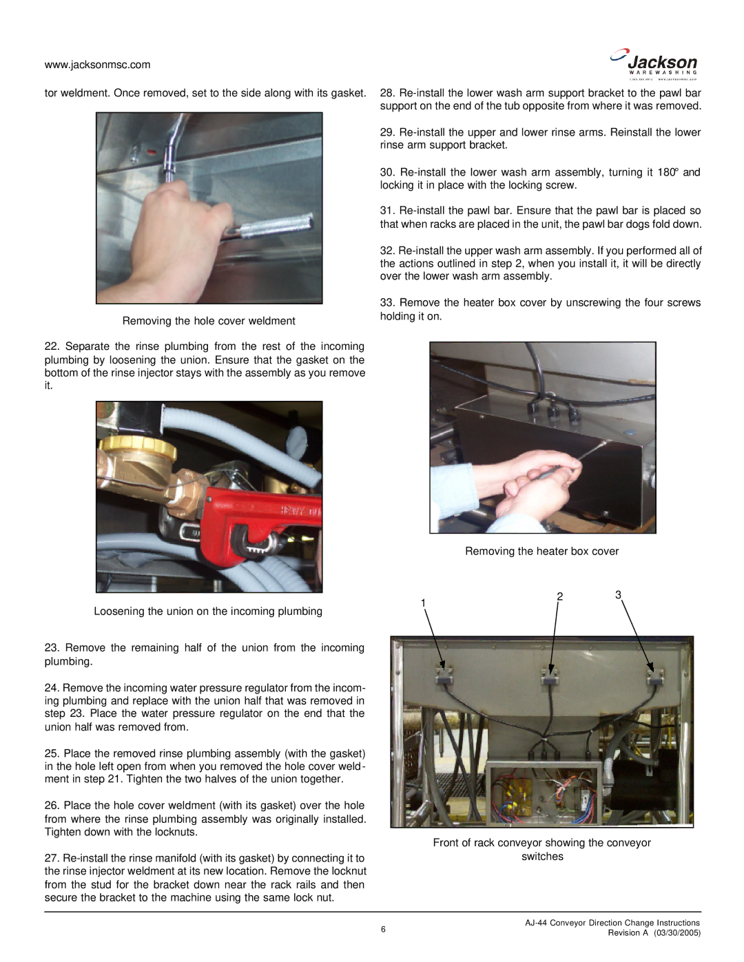 Jackson Rack Conveyor Dishmachine manual AJ-44 Conveyor Direction Change Instructions 