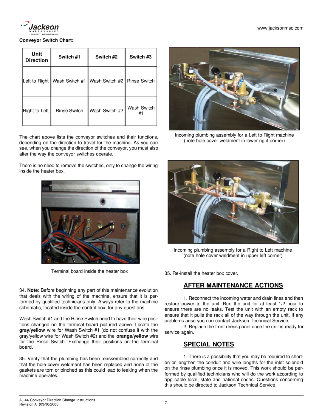 Jackson Rack Conveyor Dishmachine, AJ-44 manual After Maintenance Actions, Special Notes 