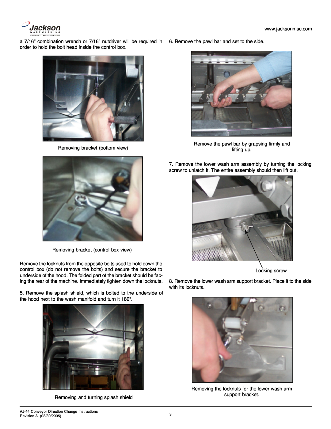 Jackson Rack Conveyor Dishmachine, AJ-44 manual Removing bracket bottom view 