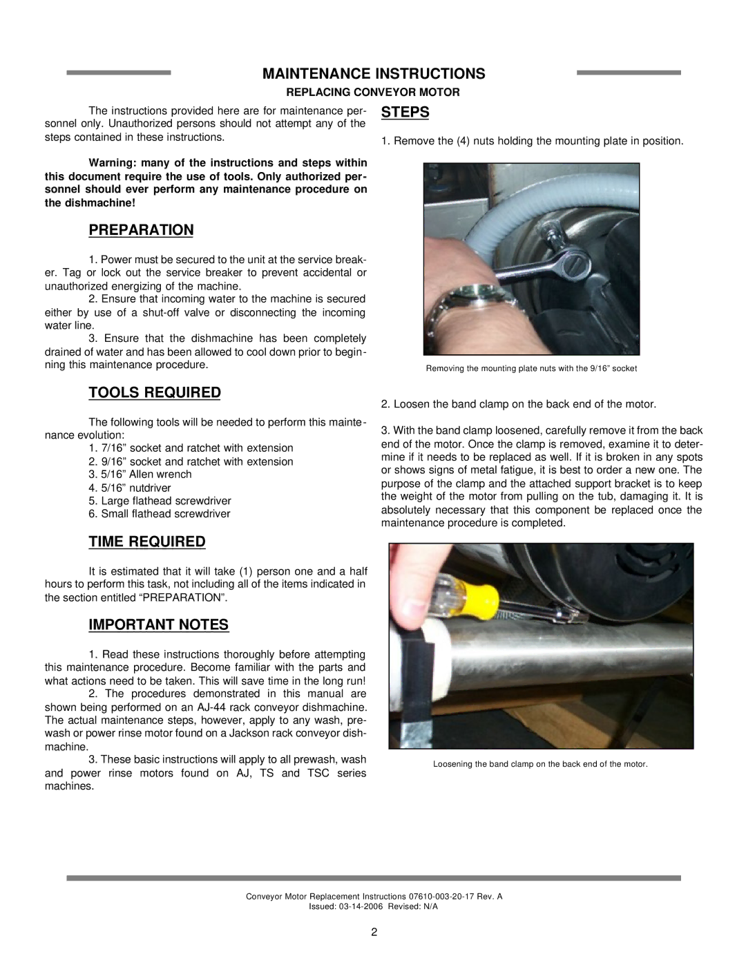 Jackson Rack Conveyor Dishmachine manual Maintenance Instructions, Preparation, Steps, Tools Required, Time Required 