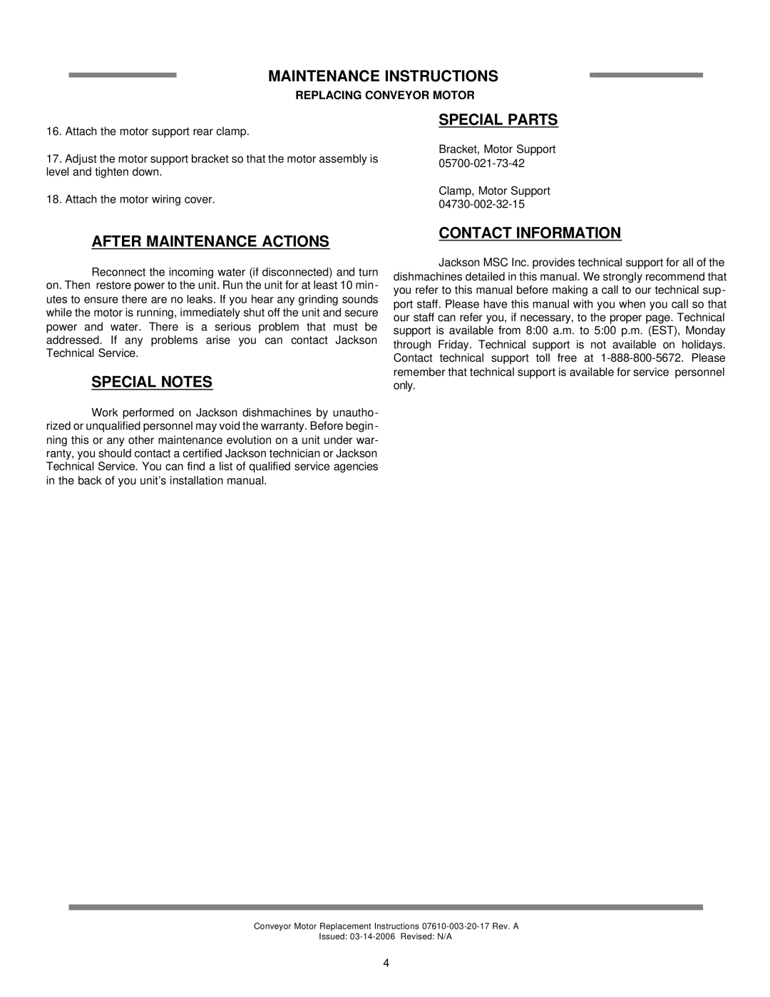 Jackson Rack Conveyor Dishmachine manual Special Parts, After Maintenance Actions, Special Notes, Contact Information 