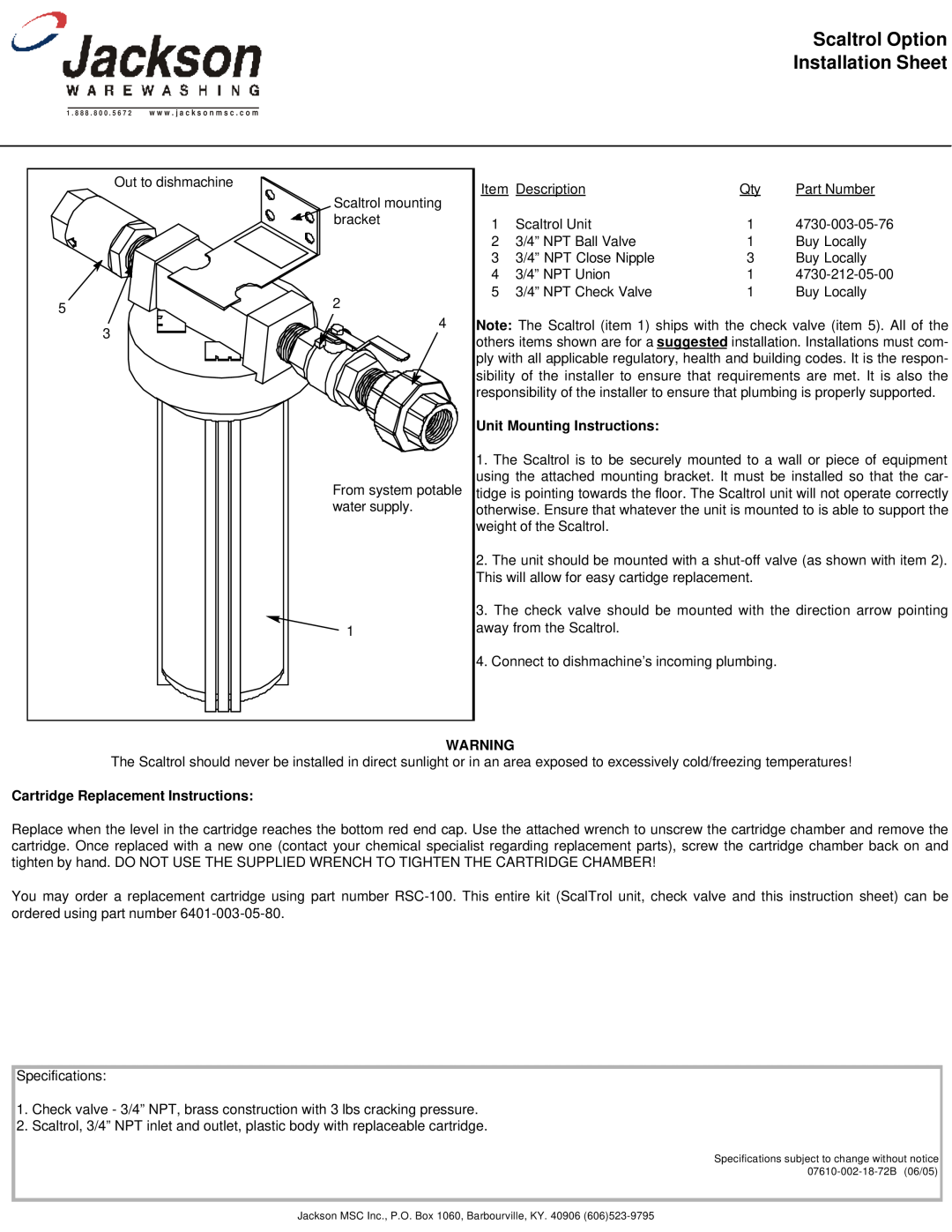 Jackson instruction sheet Scaltrol Option Installation Sheet, Unit Mounting Instructions 