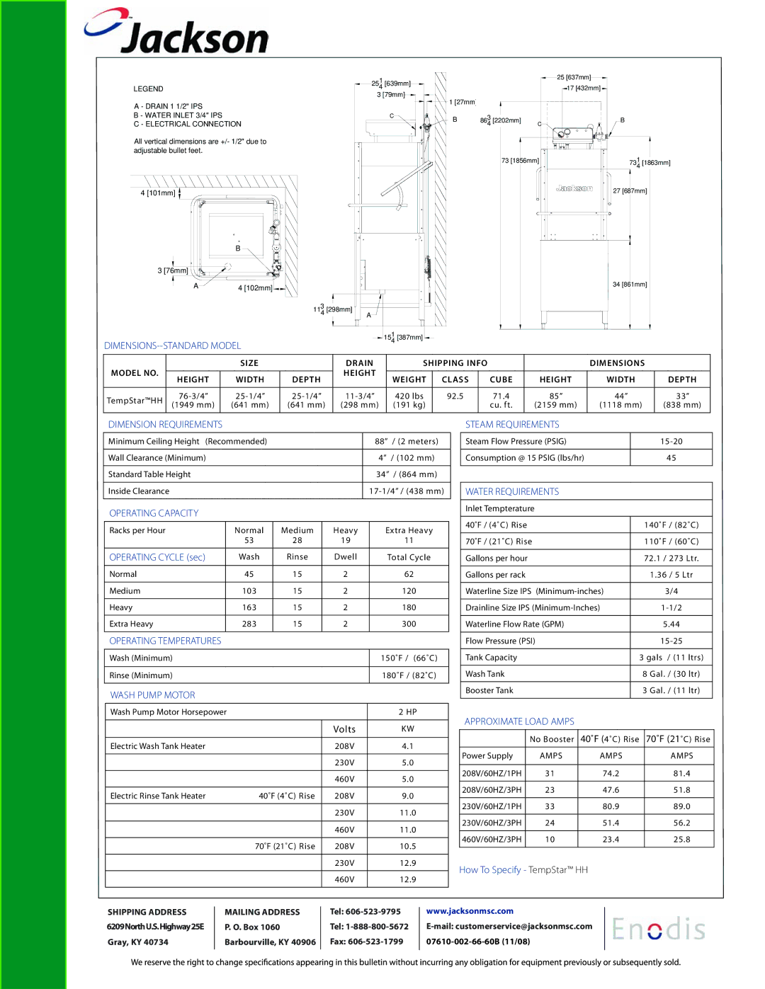 Jackson TempStar b specifications DIMENSIONS--STANDARD Model, Dimension Requirements, Operating Capacity, Wash Pump Motor 