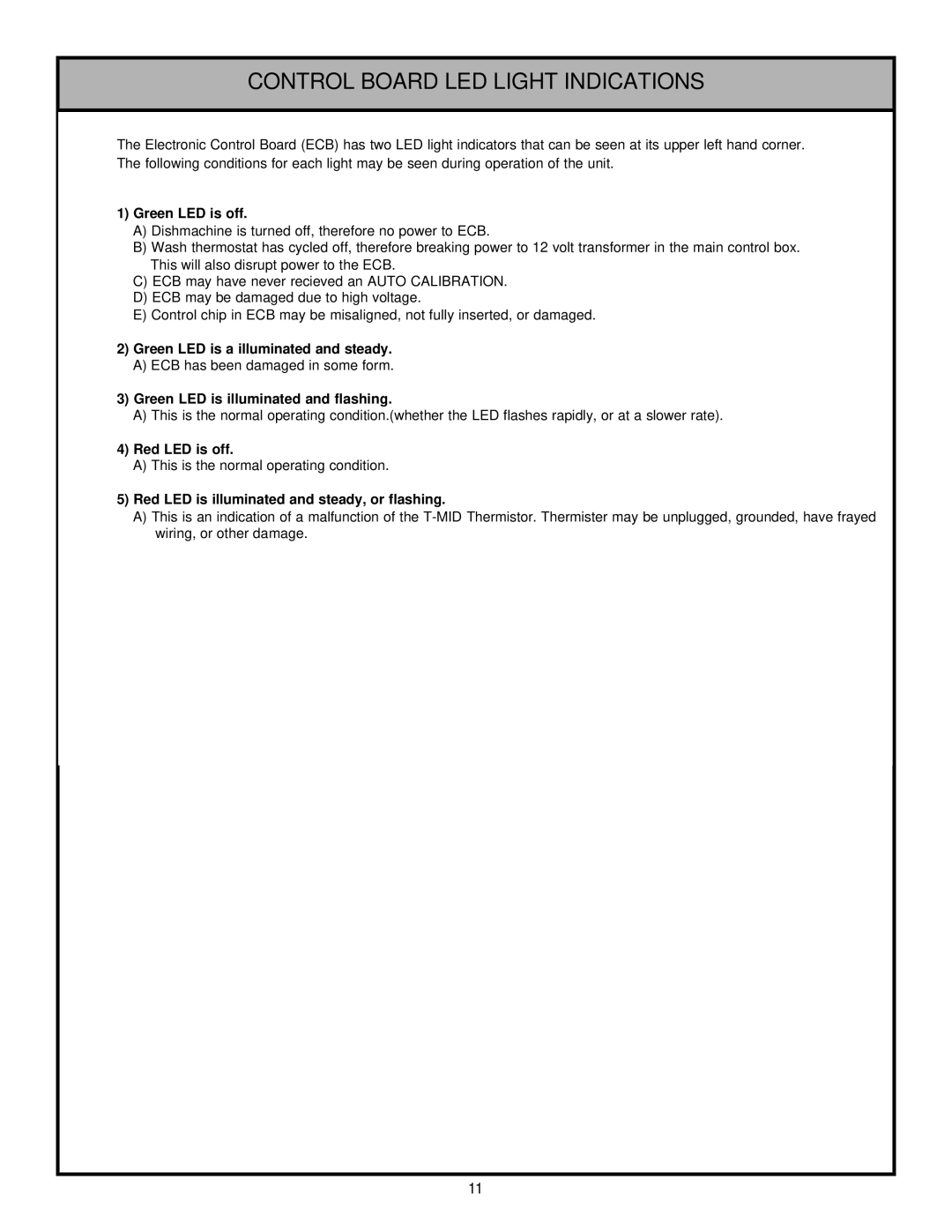 Jackson Tempstar GP technical manual Control Board LED Light Indications, Green LED is off 