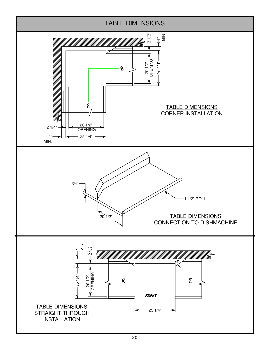 Jackson Tempstar GP technical manual Corner Installation, Table Dimensions Connection To Dishmachine 