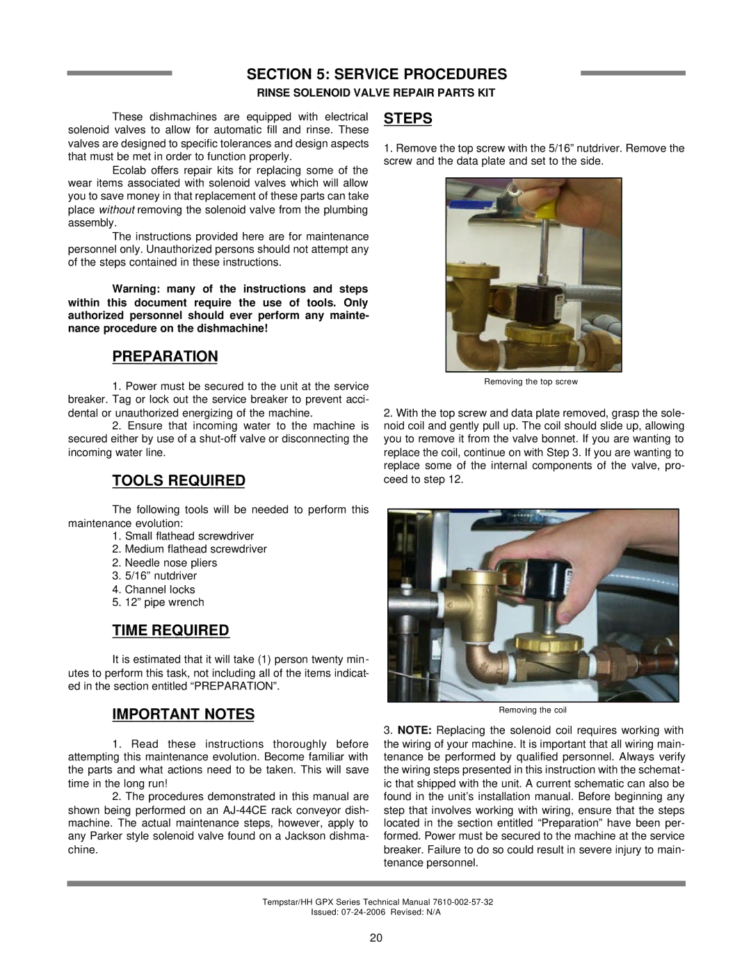 Jackson TEMPSTAR GPX Service Procedures, Preparation, Tools Required, Time Required, Steps, Important Notes 