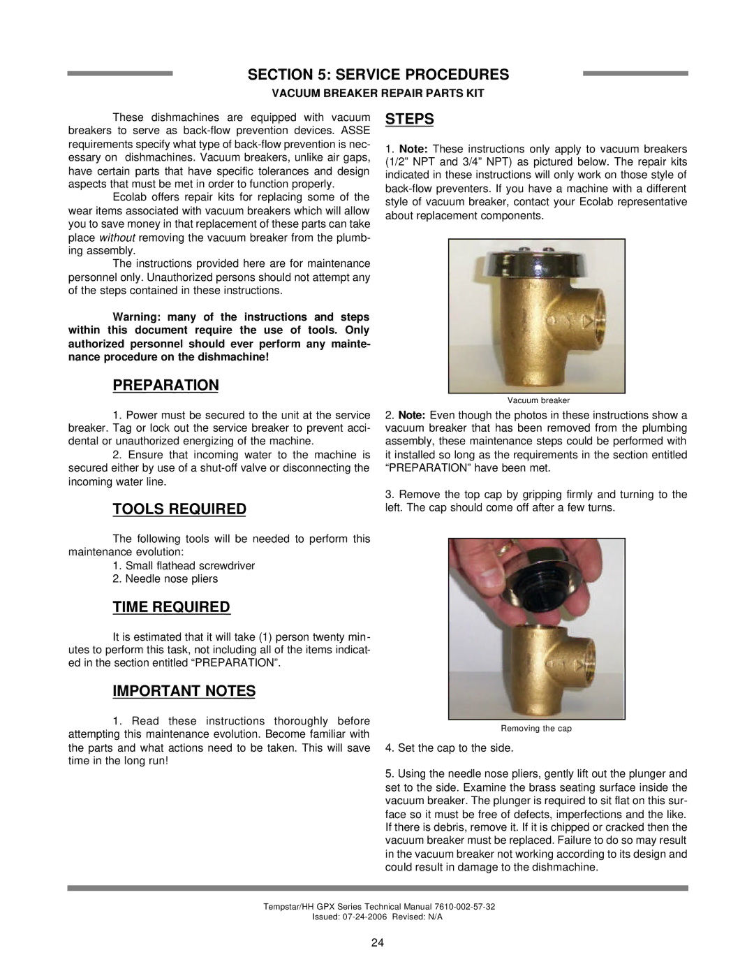 Jackson TEMPSTAR GPX, TEMPSTAR HH GPX technical manual Preparation Steps, Vacuum Breaker Repair Parts KIT 