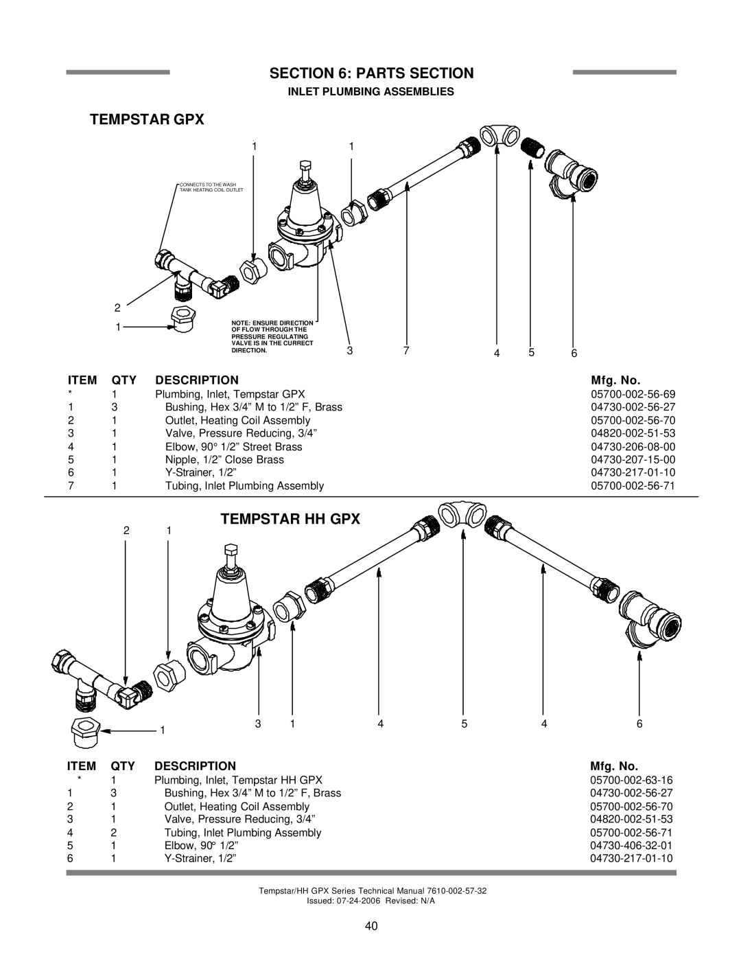 Jackson TEMPSTAR GPX, TEMPSTAR HH GPX technical manual Tempstar GPX, Inlet Plumbing Assemblies 