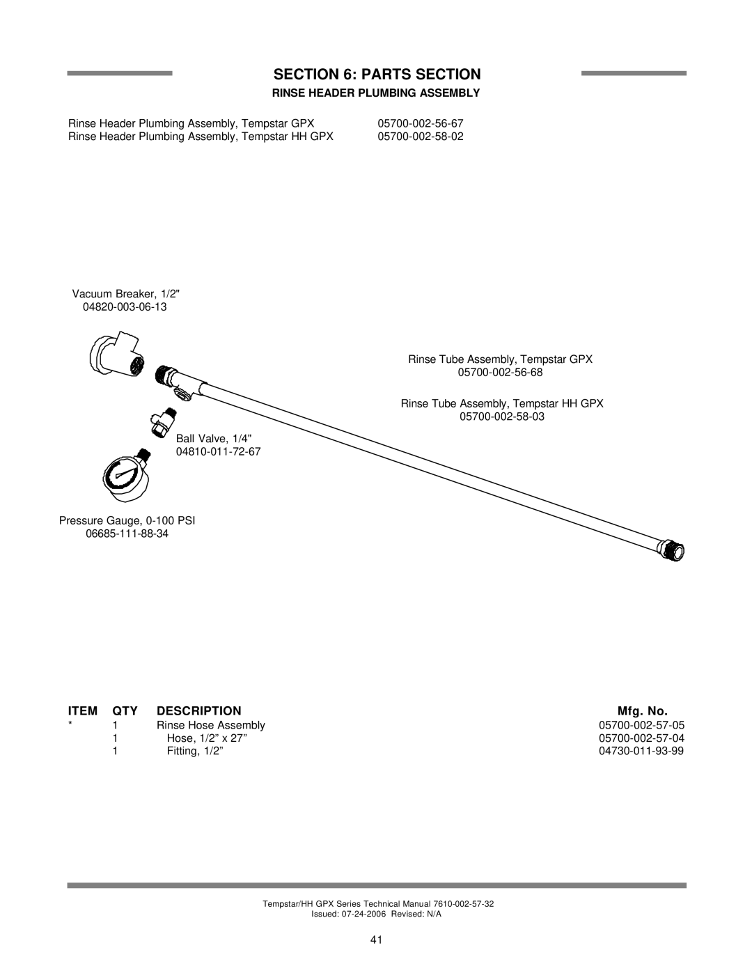 Jackson TEMPSTAR HH GPX, TEMPSTAR GPX technical manual Rinse Header Plumbing Assembly 