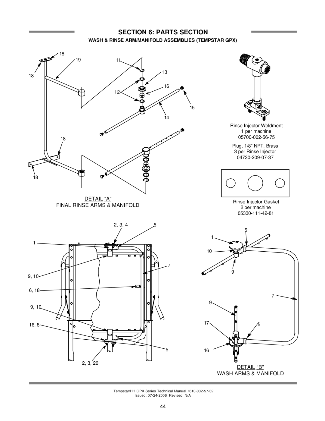 Jackson TEMPSTAR GPX, TEMPSTAR HH GPX technical manual Wash & Rinse ARM/MANIFOLD Assemblies Tempstar GPX, 1911 