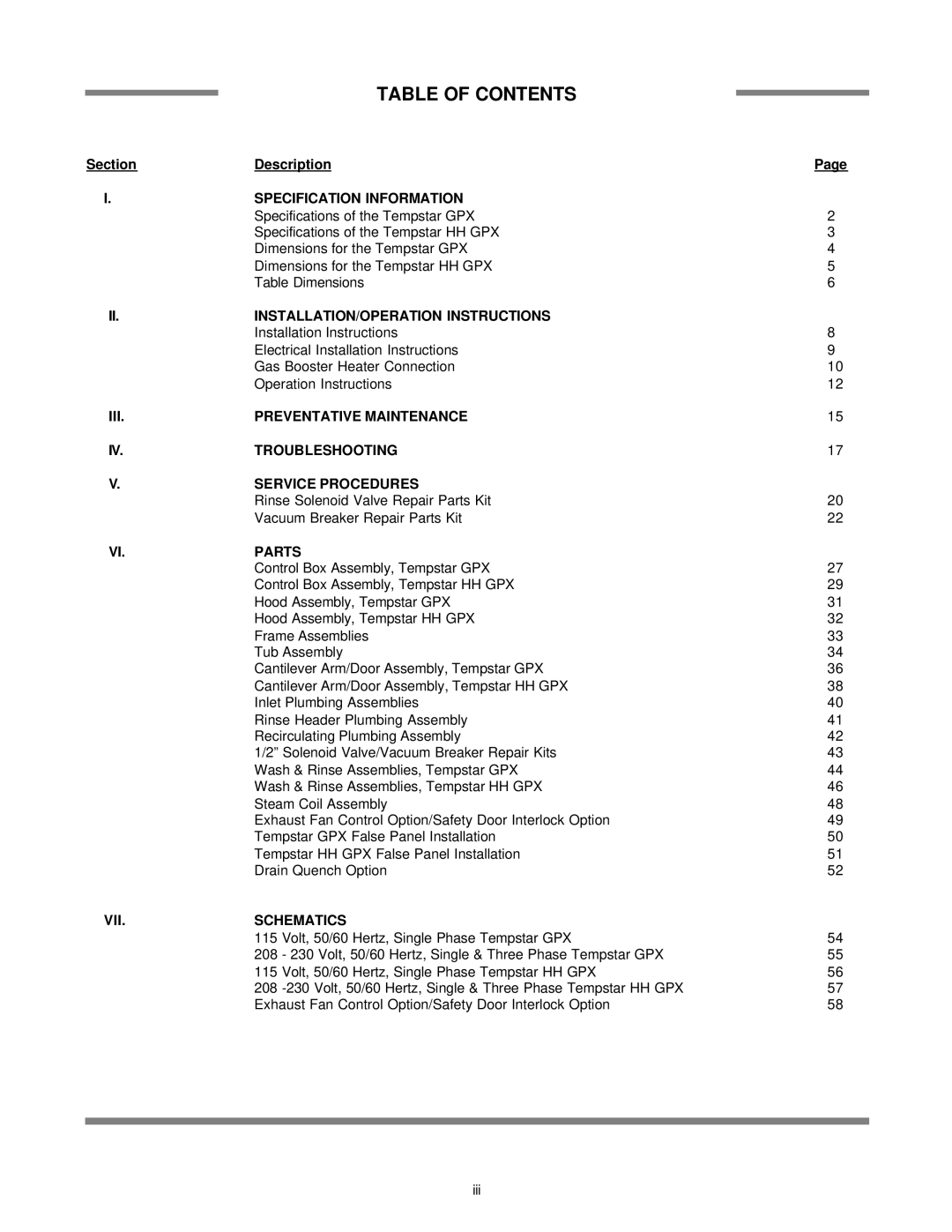 Jackson TEMPSTAR GPX, TEMPSTAR HH GPX technical manual Table of Contents 