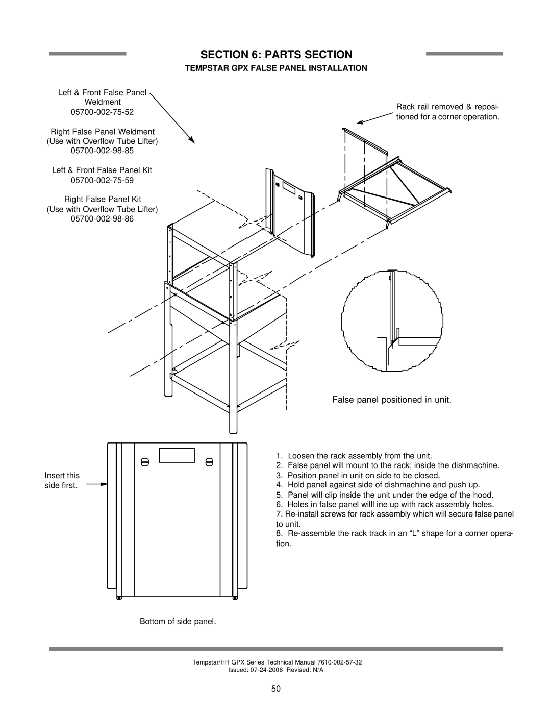 Jackson TEMPSTAR GPX, TEMPSTAR HH GPX technical manual False panel positioned in unit, Tempstar GPX False Panel Installation 