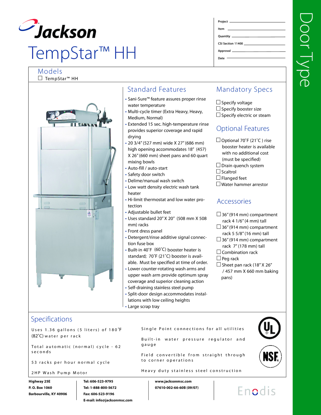 Jackson TempStar HH specifications Models, Standard Features, Mandatory Specs, Optional Features, Accessories 