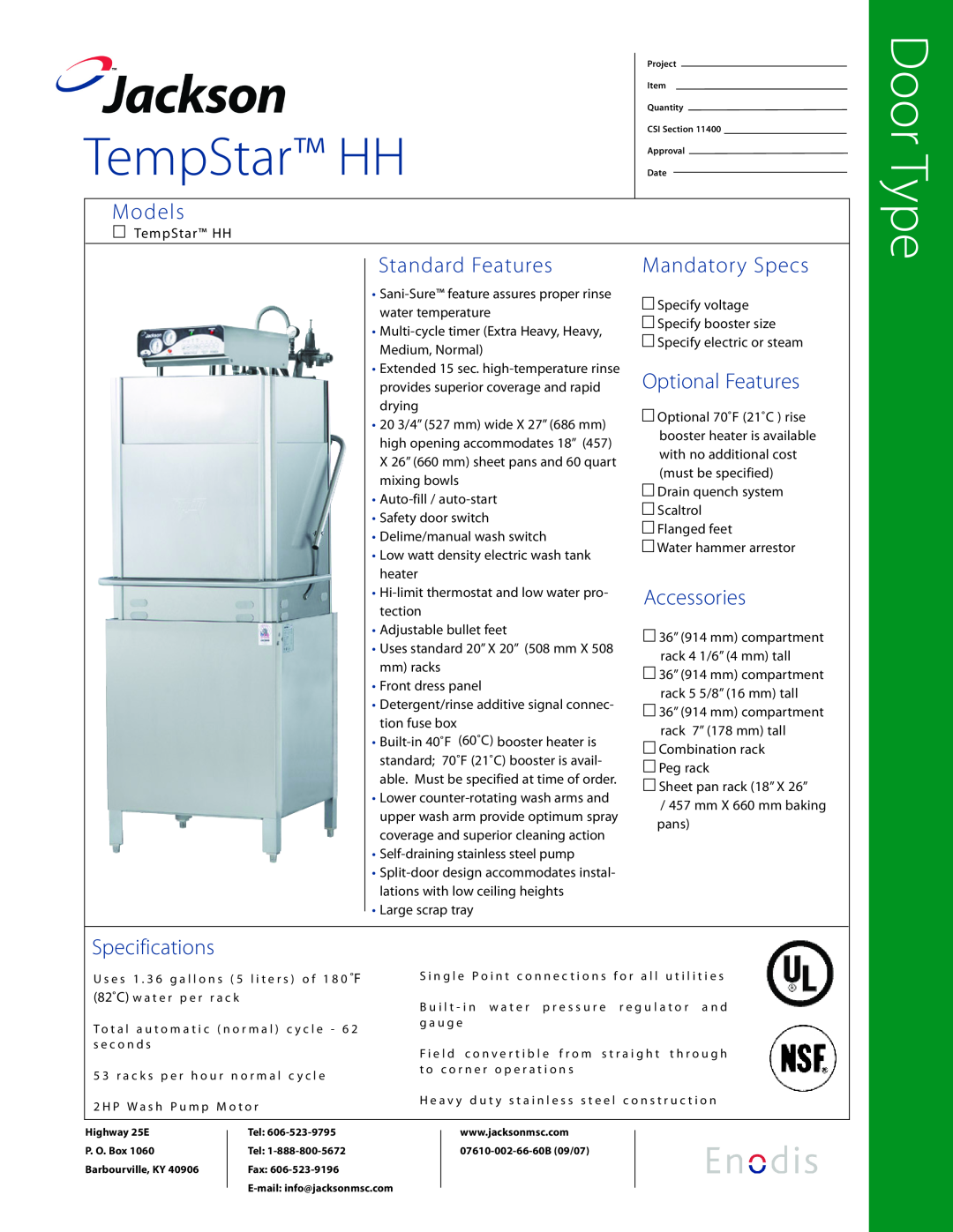 Jackson TempStar HH specifications Door Type, Models, Standard Features, Mandatory Specs, Optional Features, Accessories 