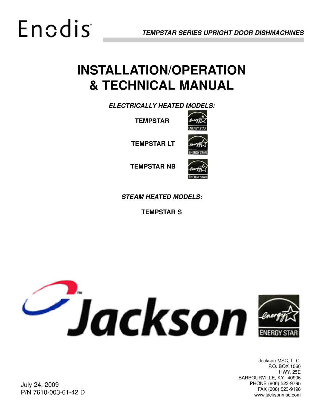 Jackson Tempstar S technical manual INSTALLATION/OPERATION Technical Manual, Tempstar Tempstar LT Tempstar NB 