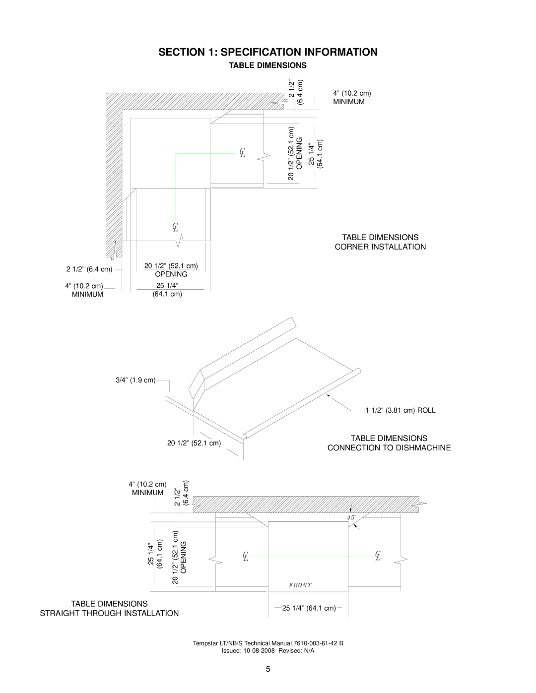 Jackson Tempstar S technical manual Table Dimensions, Corner Installation 