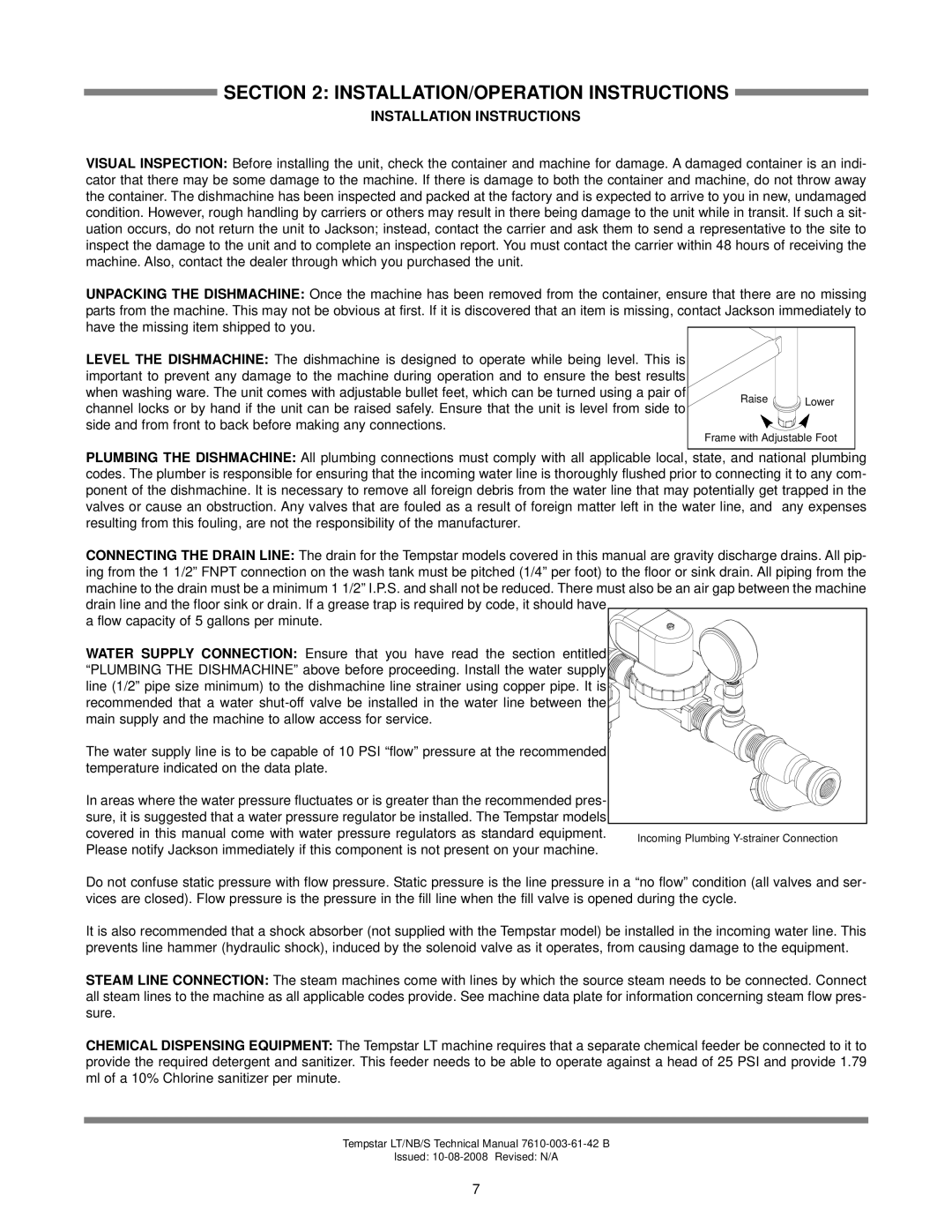 Jackson Tempstar S technical manual INSTALLATION/OPERATION Instructions, Installation Instructions 