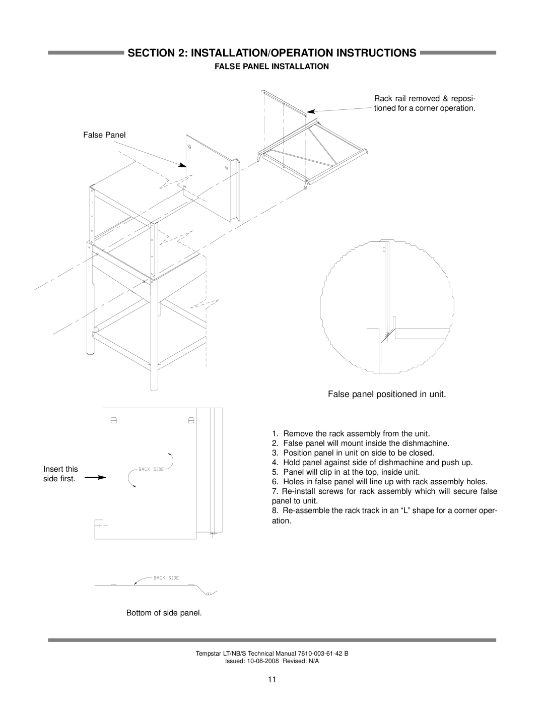 Jackson Tempstar S technical manual False panel positioned in unit, False Panel Installation 