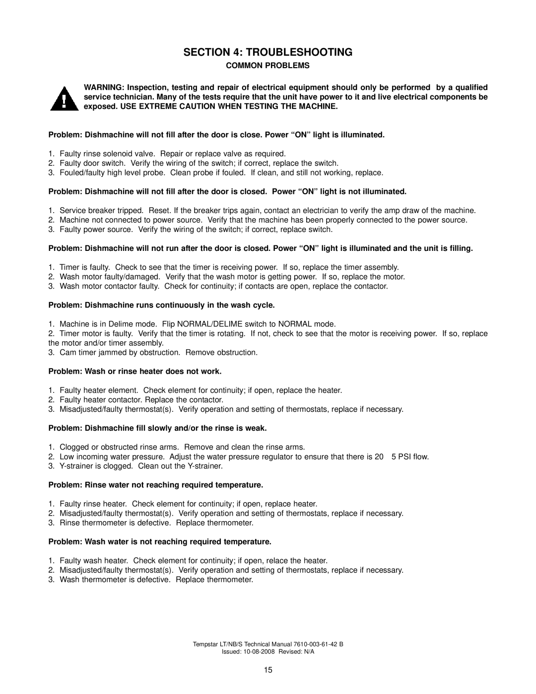 Jackson Tempstar S technical manual Troubleshooting, Common Problems 