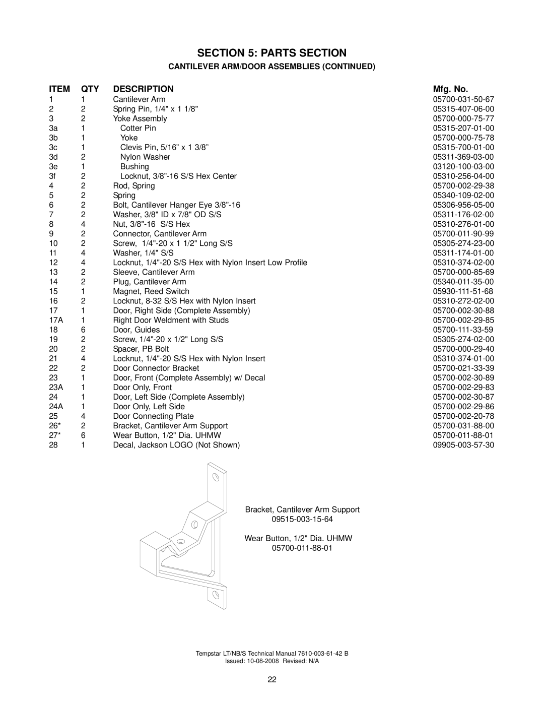 Jackson Tempstar S Cantilever Arm, Spring Pin, 1/4 x 1 1/8, Yoke Assembly, Cotter Pin, Clevis Pin, 5/16 x 1 3/8, Bushing 