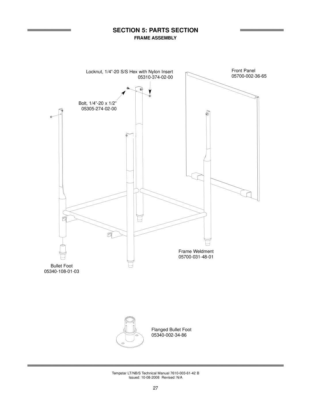 Jackson Tempstar S technical manual Frame Assembly, Front Panel 