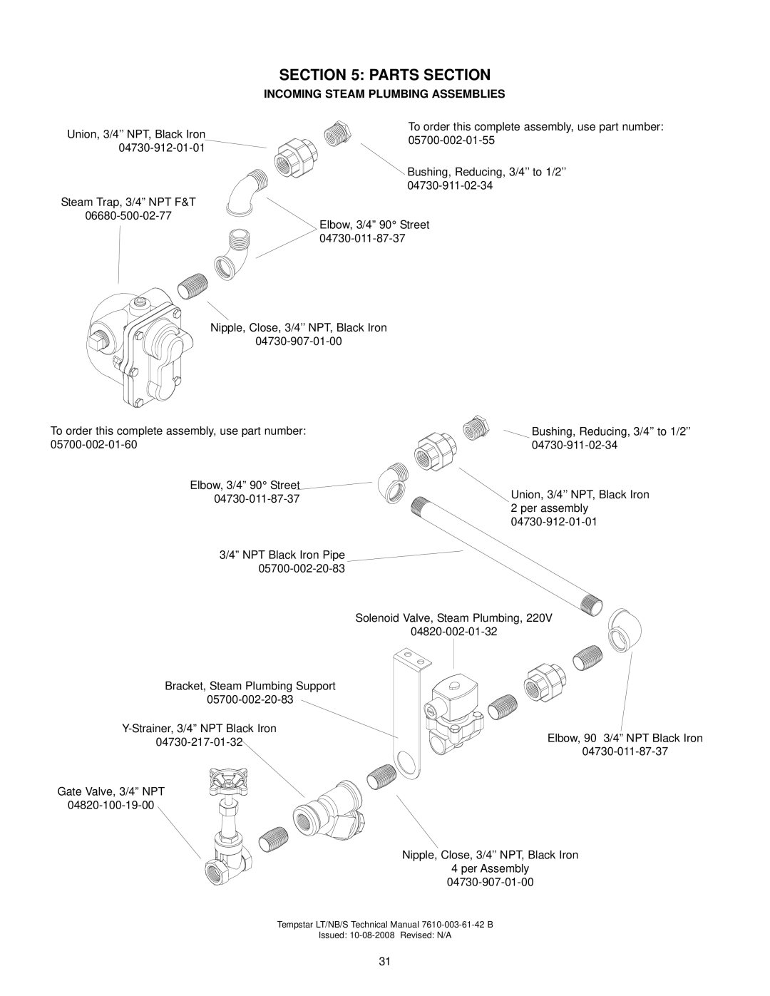 Jackson Tempstar S technical manual Incoming Steam Plumbing Assemblies 