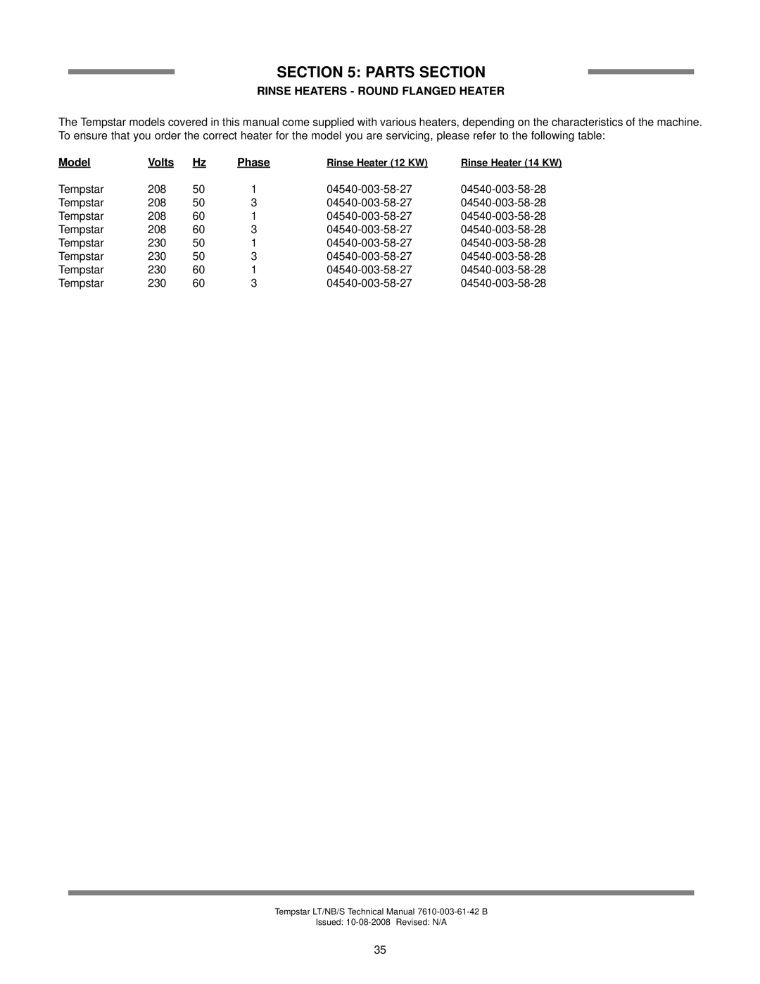 Jackson Tempstar S Rinse Heaters Round Flanged Heater, Model Volts, Tempstar 208 04540-003-58-27 04540-003-58-28 230 