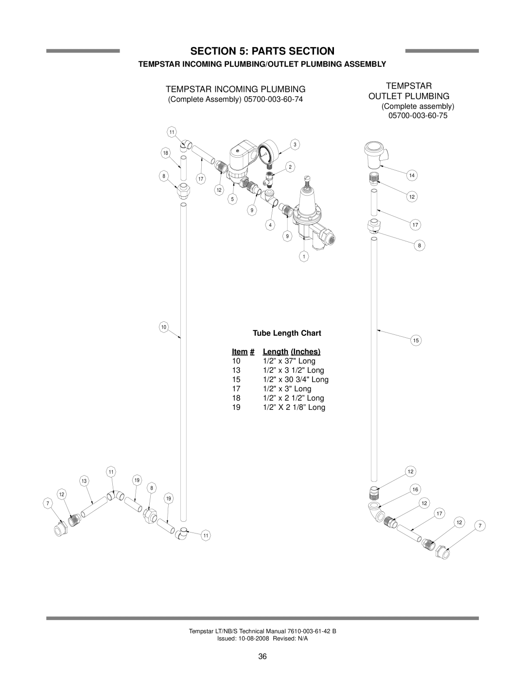 Jackson Tempstar S technical manual Tempstar Incoming PLUMBING/OUTLET Plumbing Assembly, Complete Assembly 