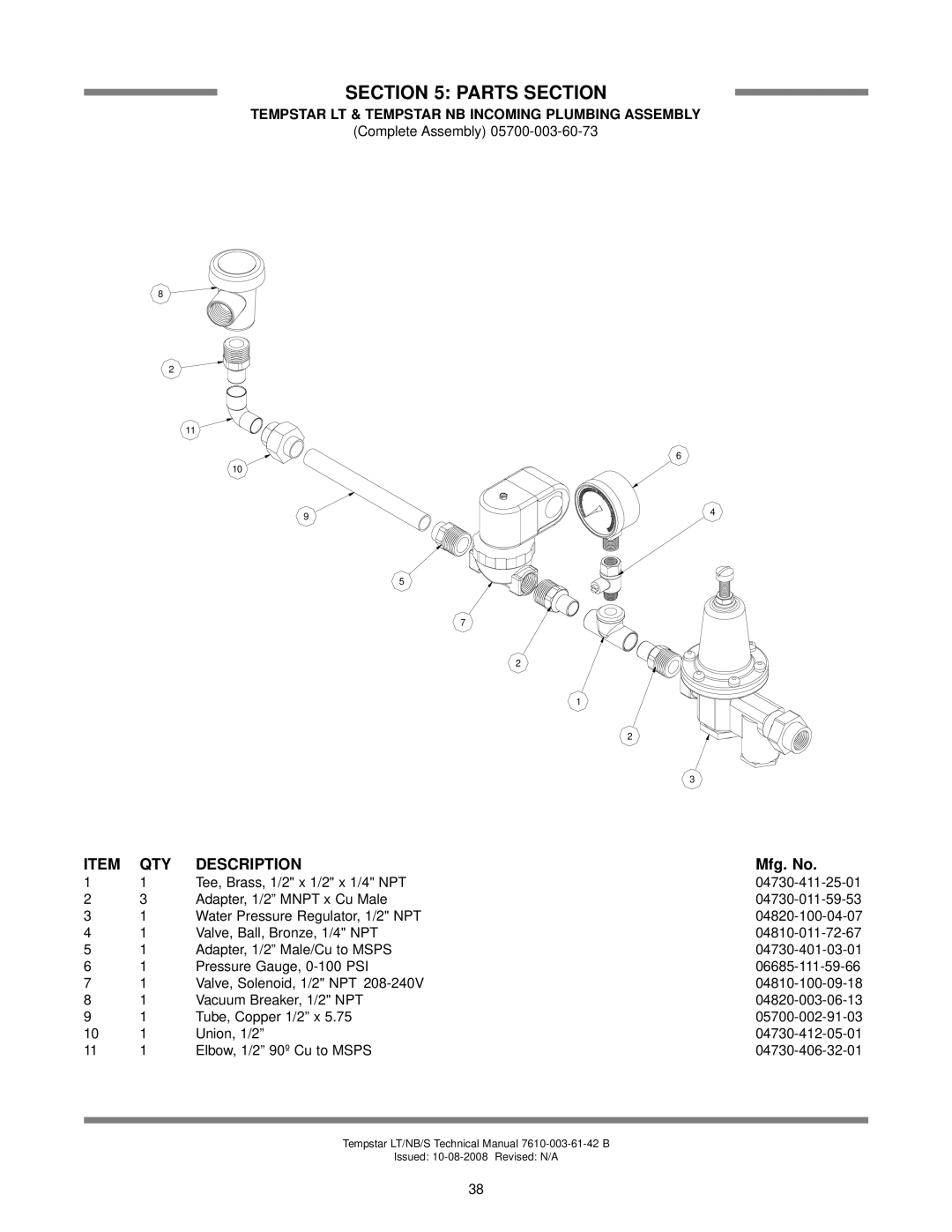 Jackson Tempstar S technical manual Tempstar LT & Tempstar NB Incoming Plumbing Assembly 