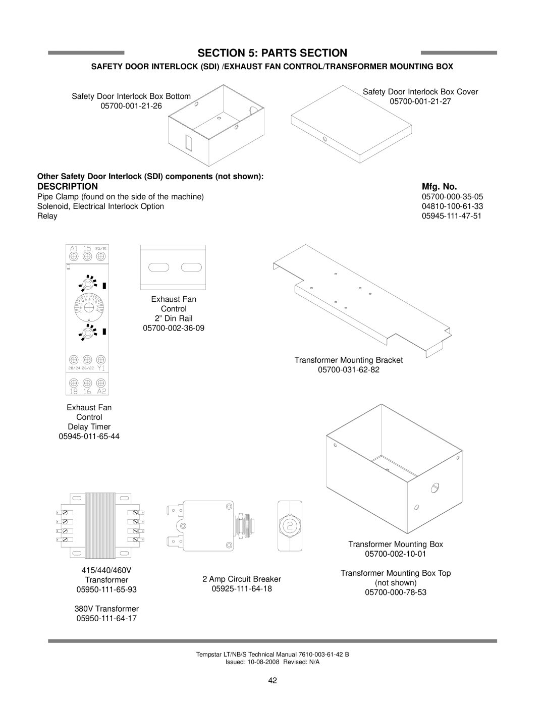 Jackson Tempstar S technical manual Other Safety Door Interlock SDI components not shown, Transformer, 05925-111-64-18 