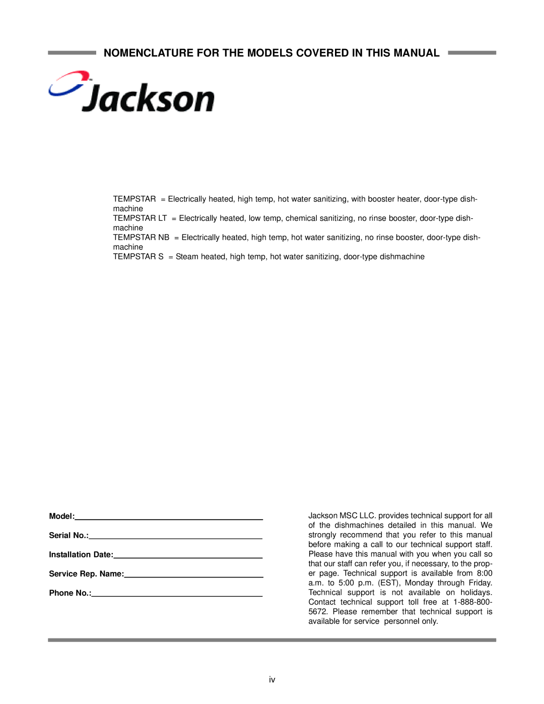 Jackson Tempstar S technical manual Nomenclature for the Models Covered in this Manual 