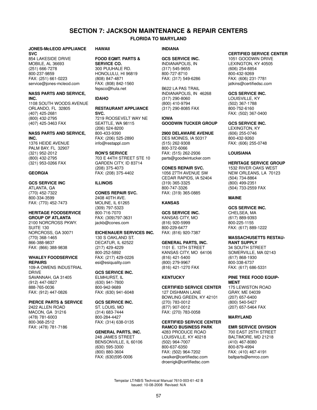 Jackson Tempstar S technical manual Florida to Maryland, Service CO 