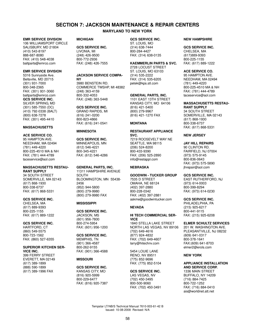 Jackson Tempstar S technical manual Maryland to NEW York, Jackson Service Compa 