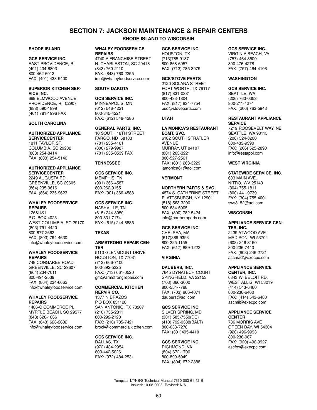 Jackson Tempstar S technical manual Rhode Island to Wisconsin, Center, Inc 
