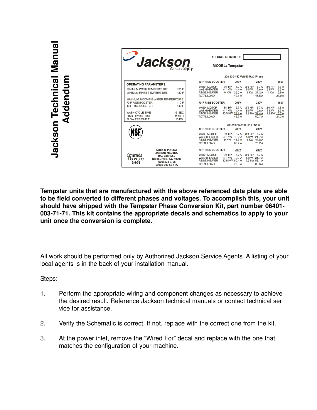 Jackson Tempstar S technical manual Jackson Technical Manual Addendum 