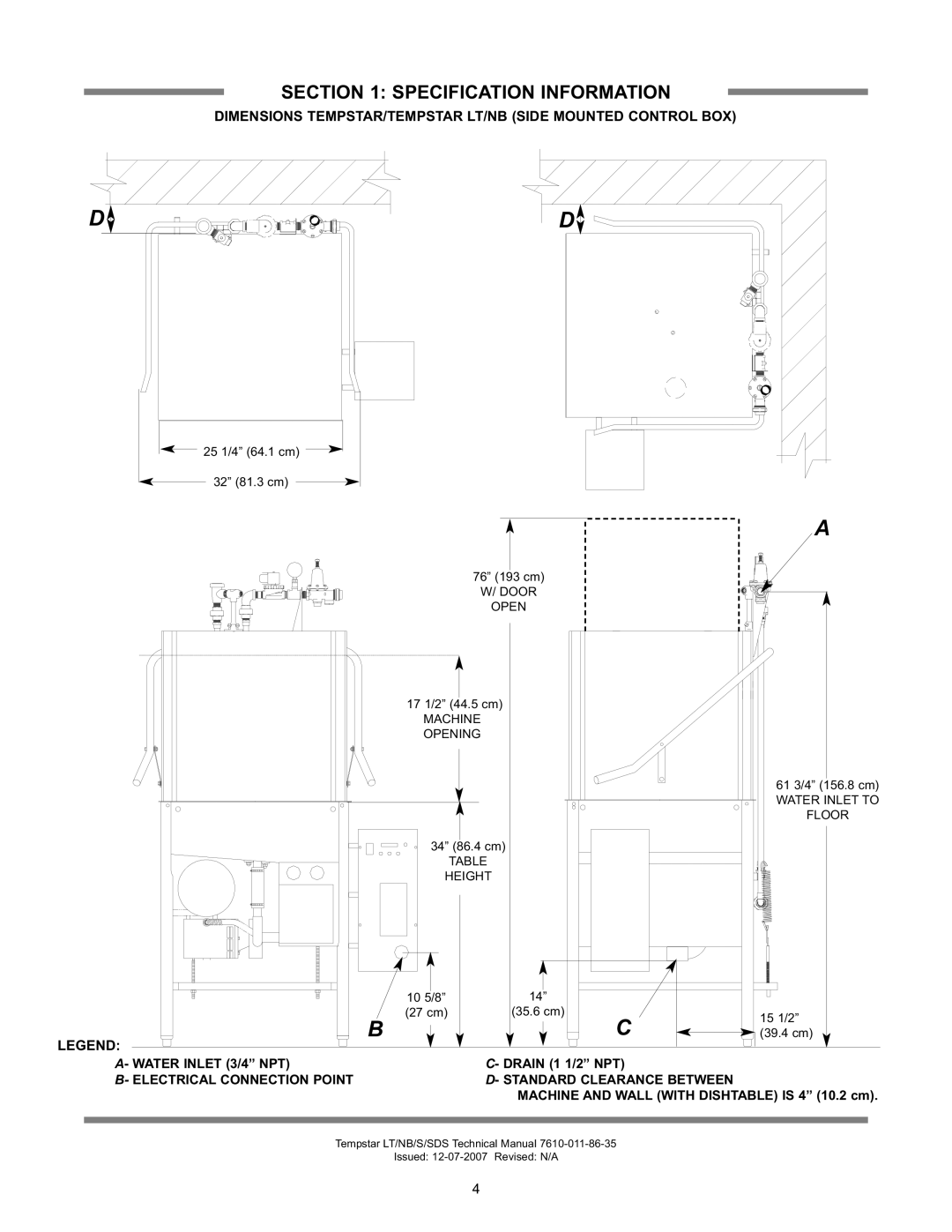 Jackson Tempstar Series technical manual Dimensions TEMPSTAR/TEMPSTAR LT/NB Side Mounted Control BOX 