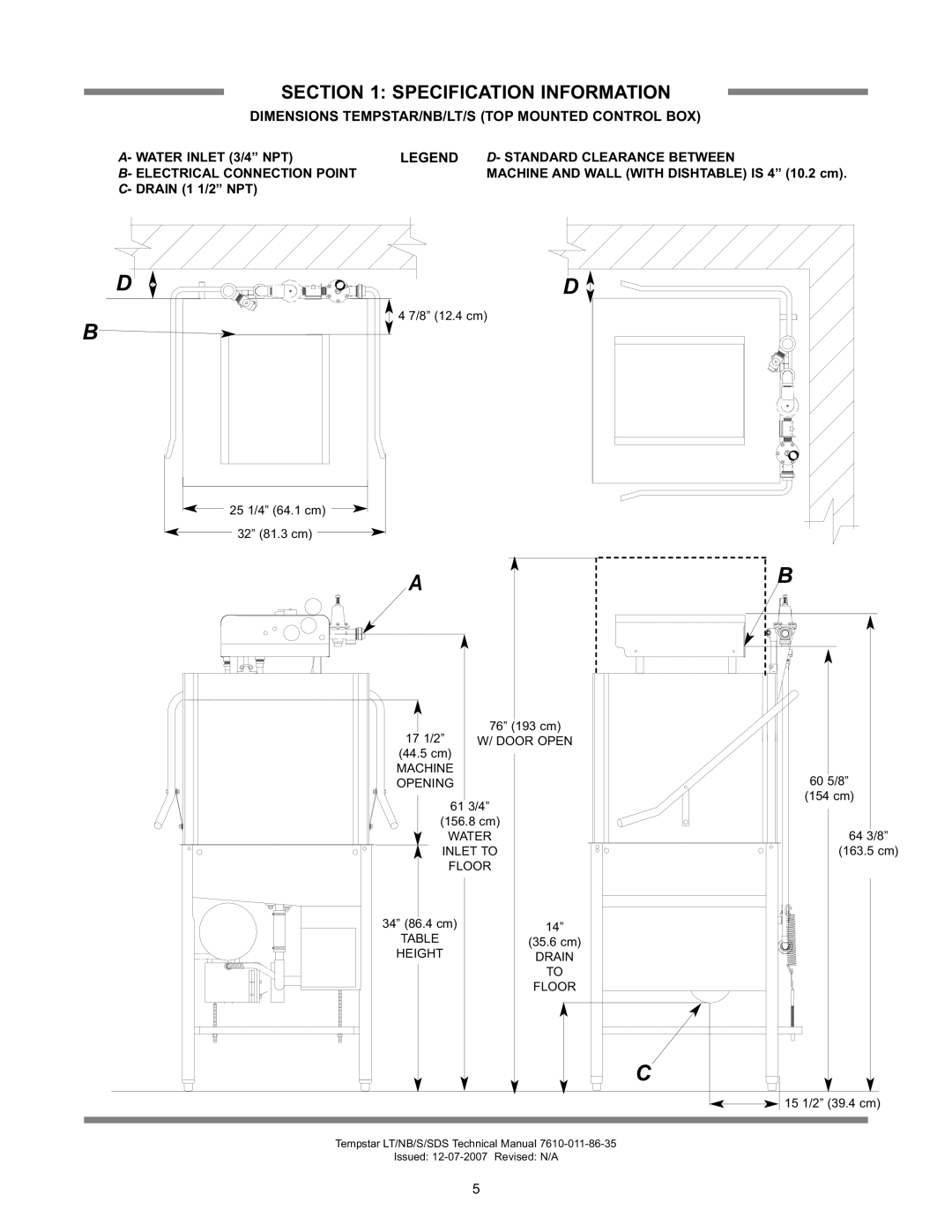 Jackson Tempstar Series technical manual Dimensions TEMPSTAR/NB/LT/S TOP Mounted Control BOX, Height Drain Floor 