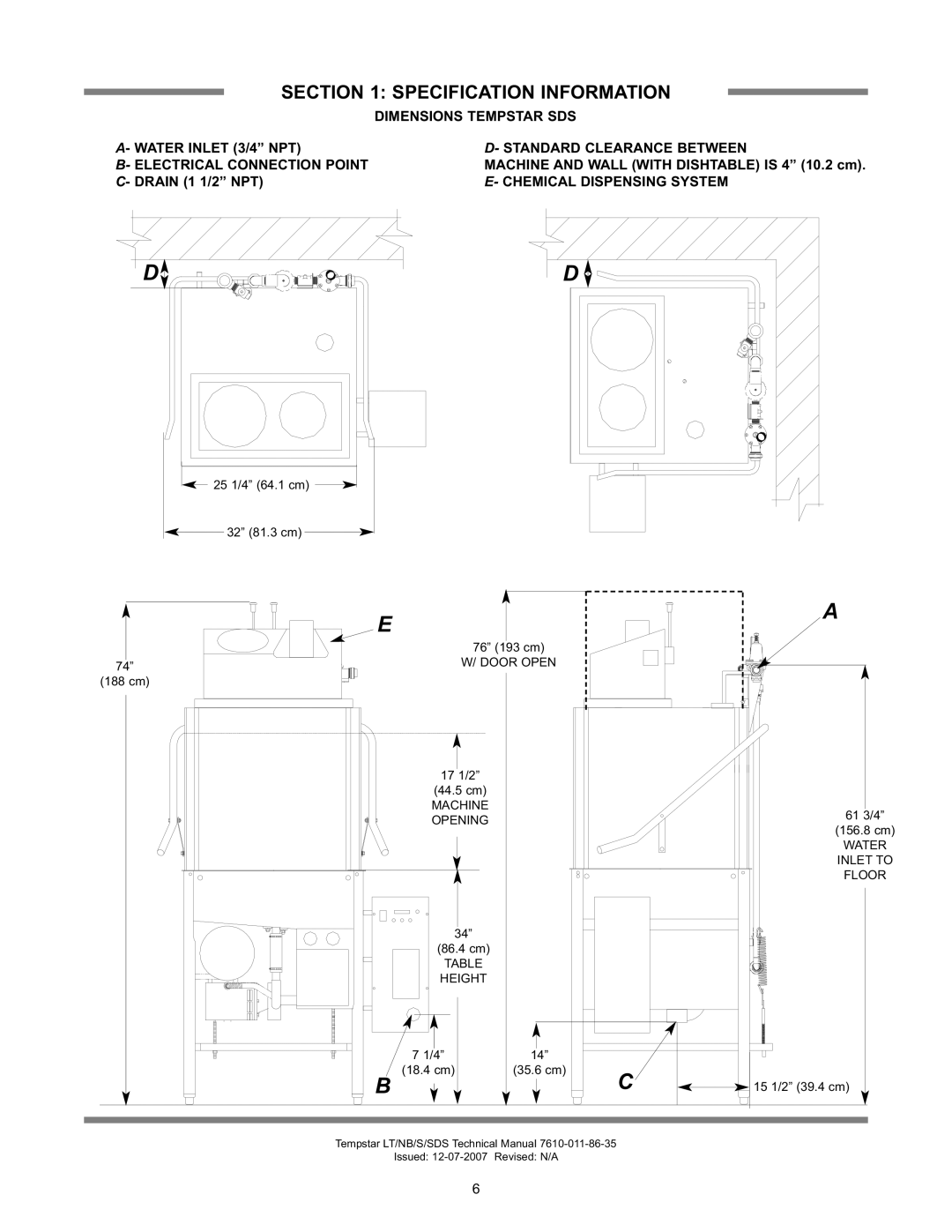 Jackson Tempstar Series technical manual Dimensions Tempstar SDS, Chemical Dispensing System 