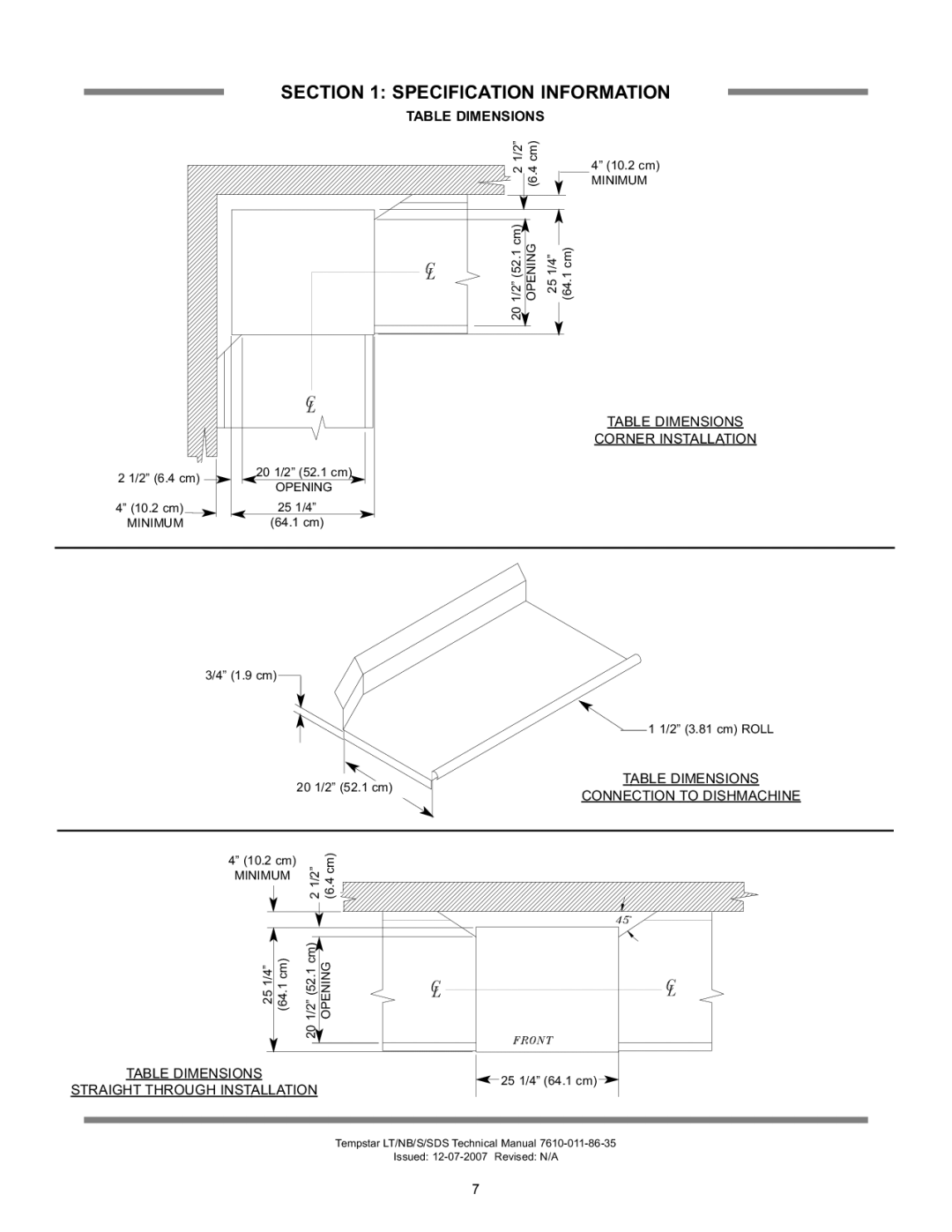 Jackson Tempstar Series technical manual Table Dimensions 