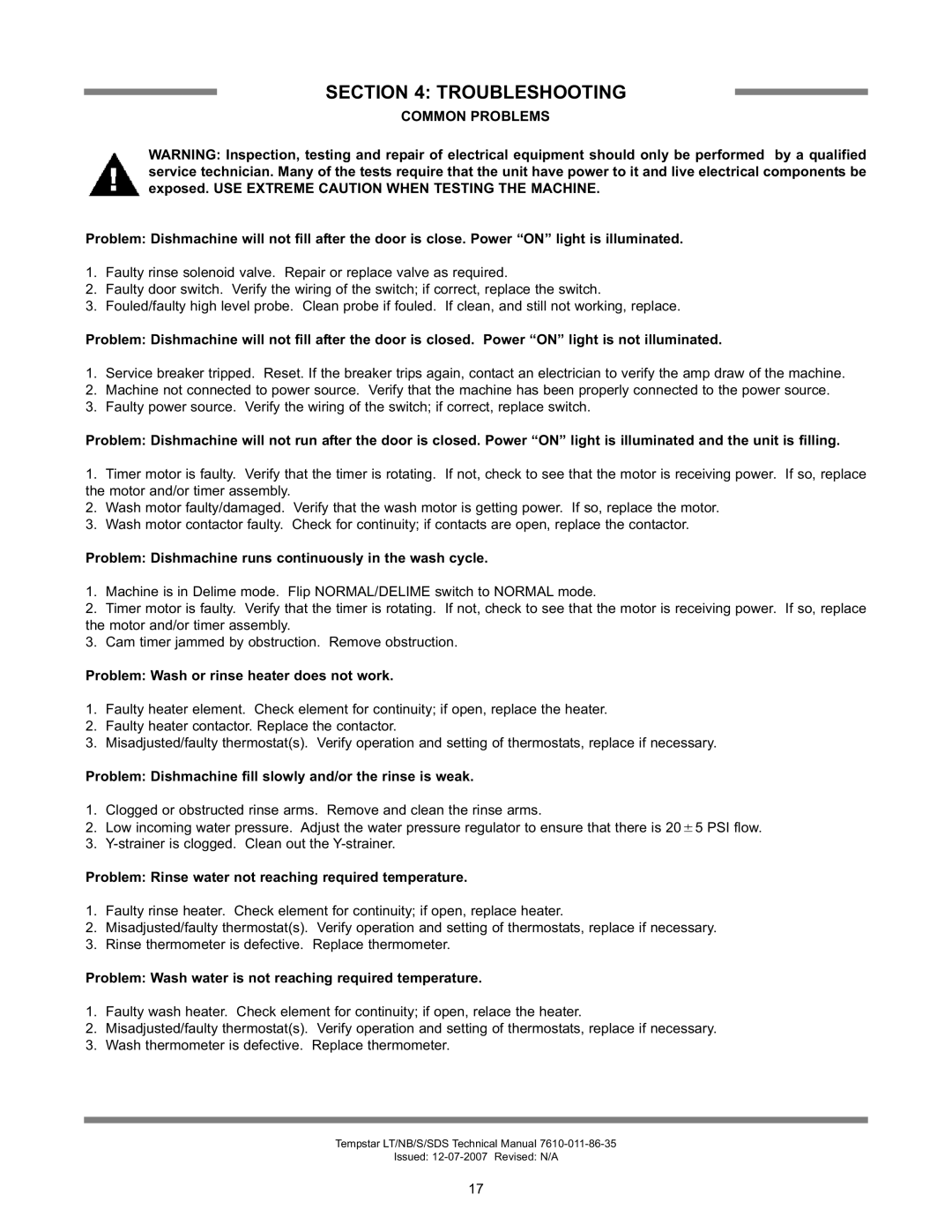 Jackson Tempstar Series technical manual Common Problems 