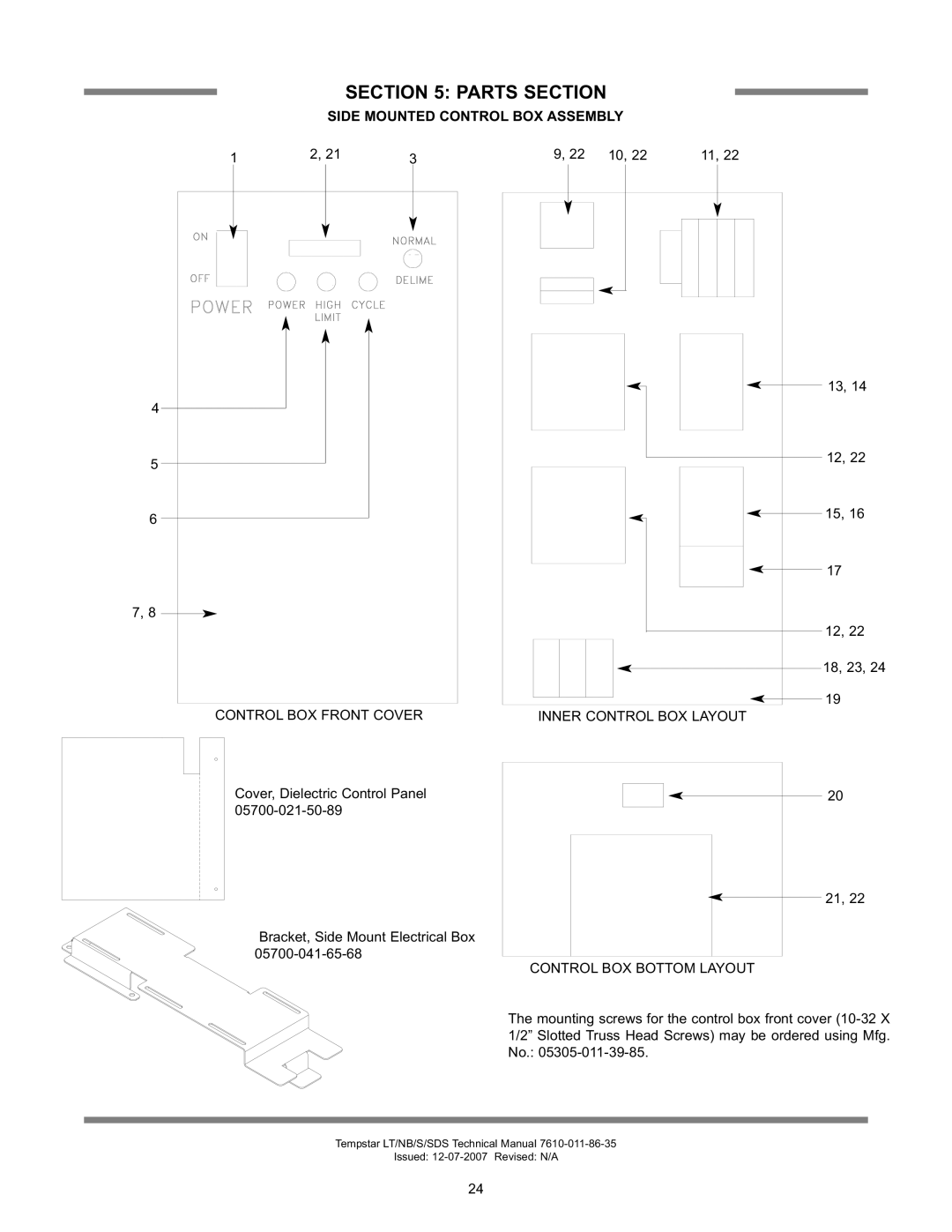 Jackson Tempstar Series technical manual Side Mounted Control BOX Assembly, Control BOX Bottom Layout 