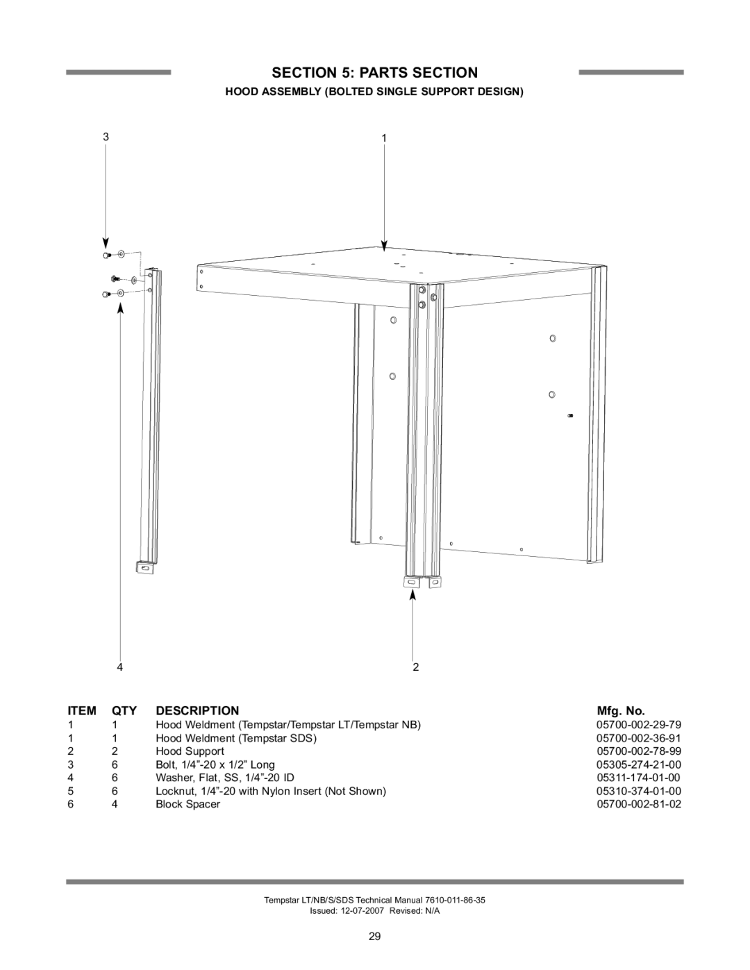 Jackson Tempstar Series technical manual Hood Assembly Bolted Single Support Design 