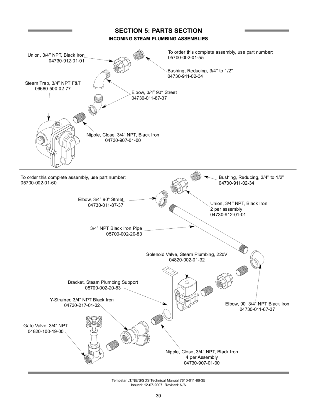 Jackson Tempstar Series technical manual Incoming Steam Plumbing Assemblies, Gate Valve, 3/4 NPT 04820-100-19-00 