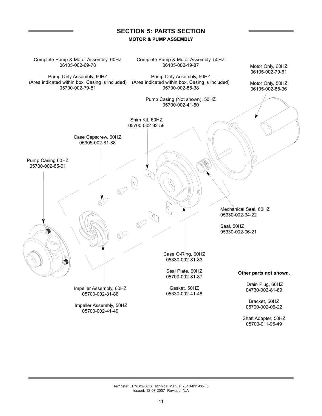 Jackson Tempstar Series technical manual Motor & Pump Assembly, Other parts not shown 